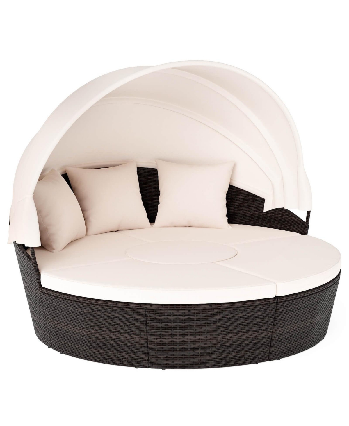 Costway Patio Round Daybed Pe Rattan Cushioned Sectional Seating with Retractable Canopy