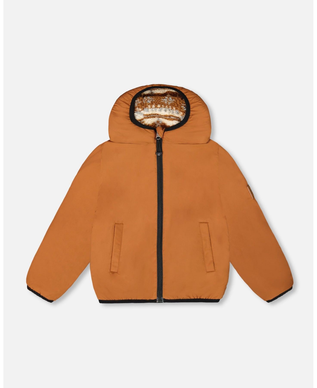 Deux par Kids Unisex Reversible Mid-Season Sherpa Jacket Brown Aztec Pattern