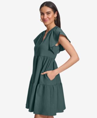 Women's Split-Neck Tiered A-Line Dress