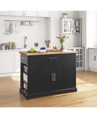 36"H Engineered Wood & Rubberwood Drawer, Cabinet, Open Shelves, Locking Casters Kitchen Island