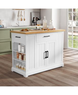 36"H Engineered Wood & Rubberwood Drawer, Cabinet, Open Shelves, Locking Casters Kitchen Island