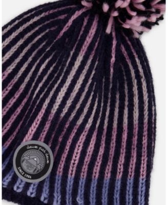 Girl Lined Peruvian Knit Pompom Hat Black and Purple - Toddler|Child