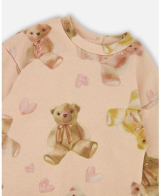 Girl Glittering French Terry Dress Beige Teddy Bear Print - Child