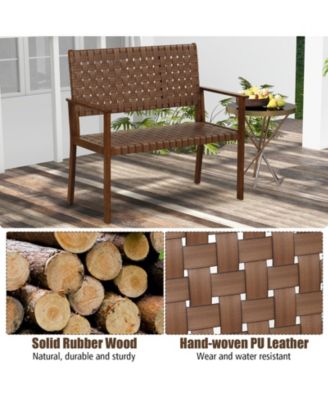 Patio Loveseat Bench w/ Solid Rubber Wood Frame & Hand Woven PU Leather All Weather