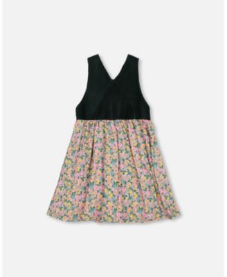 Girl Bi-Material Overall Dress Green with Flower Print - Toddler|Child