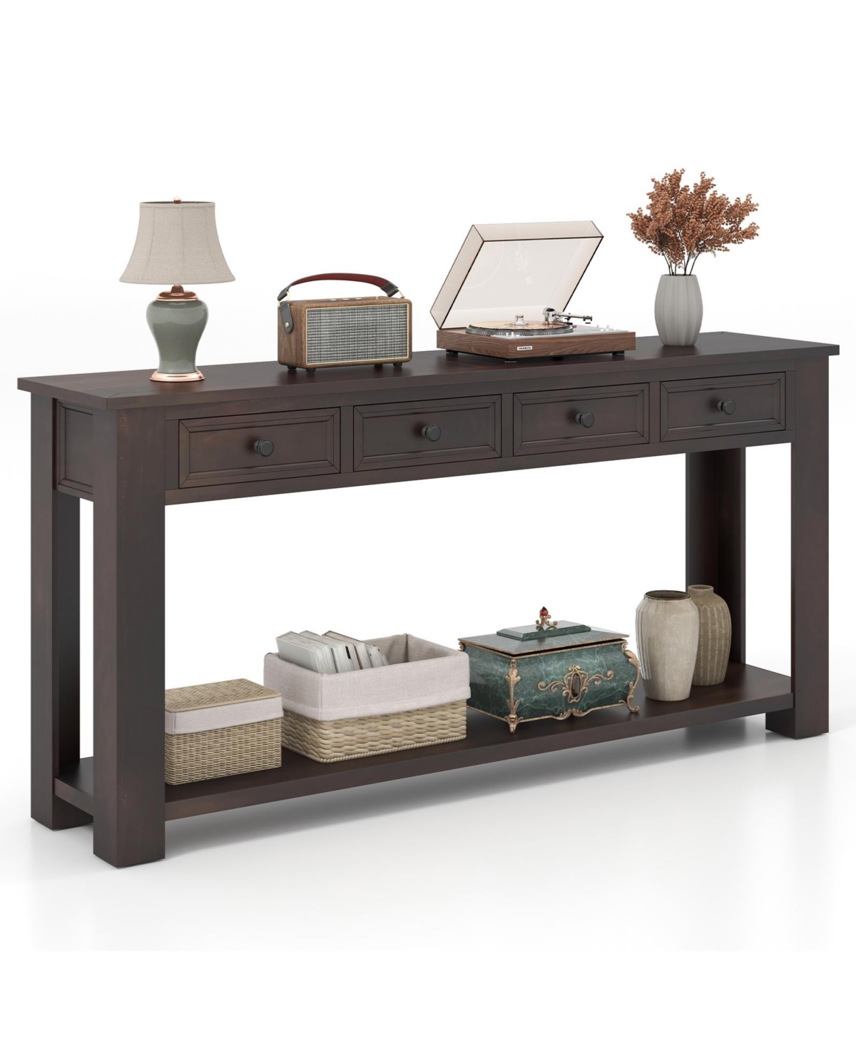 63 Inches Farmhouse Entryway Table with 4 Storage Drawers and Open Shelf - Black