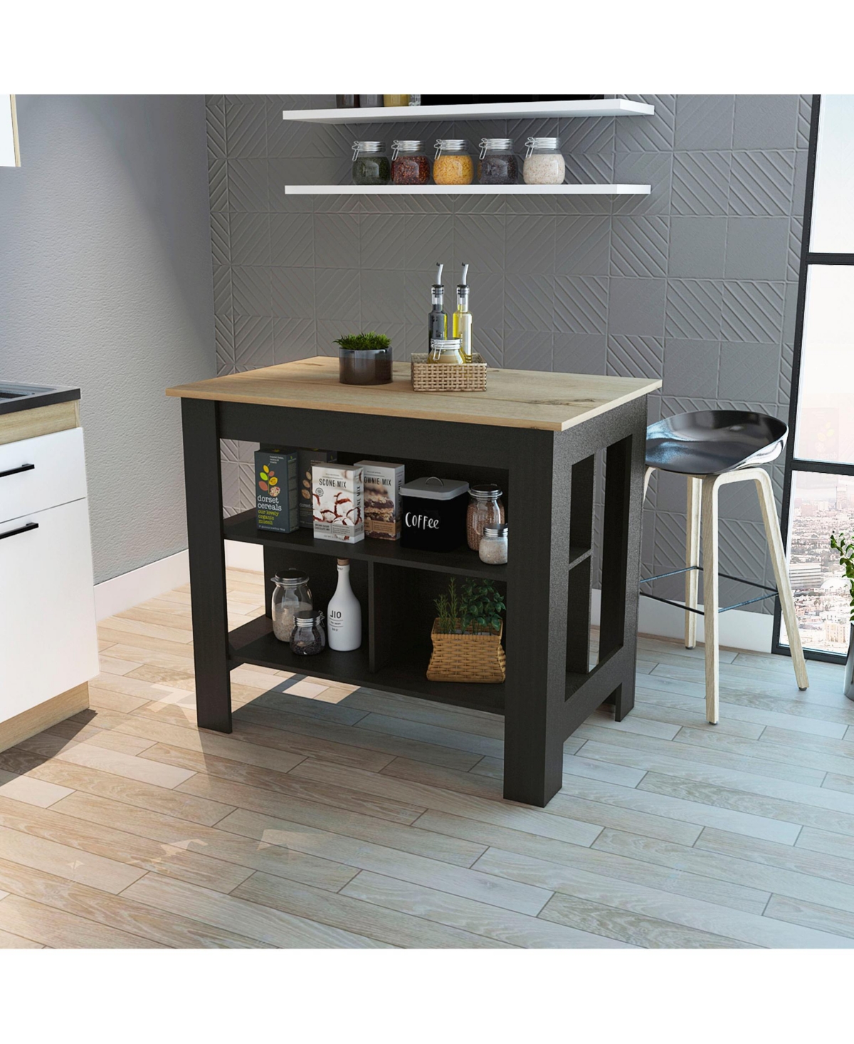 Slickblue Wooden Kitchen Island Table with Built-In Storage and Open Display Shelves