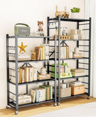 5-Tier Foldable Storage Shelves, Metal Storage Rack with Wheels and Hooks