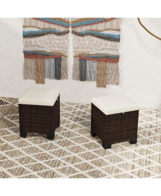 Wicker Outdoor Ottoman Footstool Set of 2 with Cushions,
