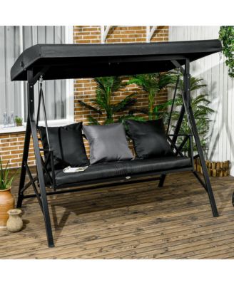 3-Seat Patio Swing Chair, Porch Swing Glider with Cushion, 3 Throw Pillows & Adjustable Canopy for Porch, Garden, Poolside, Backyard, Black