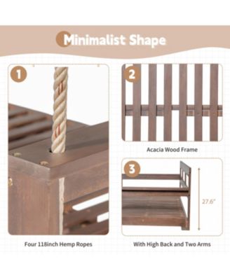 Patio Wooden Twin Size Porch Swing Daybed Frame, Garden Swing Bench Chair with 4 Hanging Ropes for Backyard,Outdoor,Brown