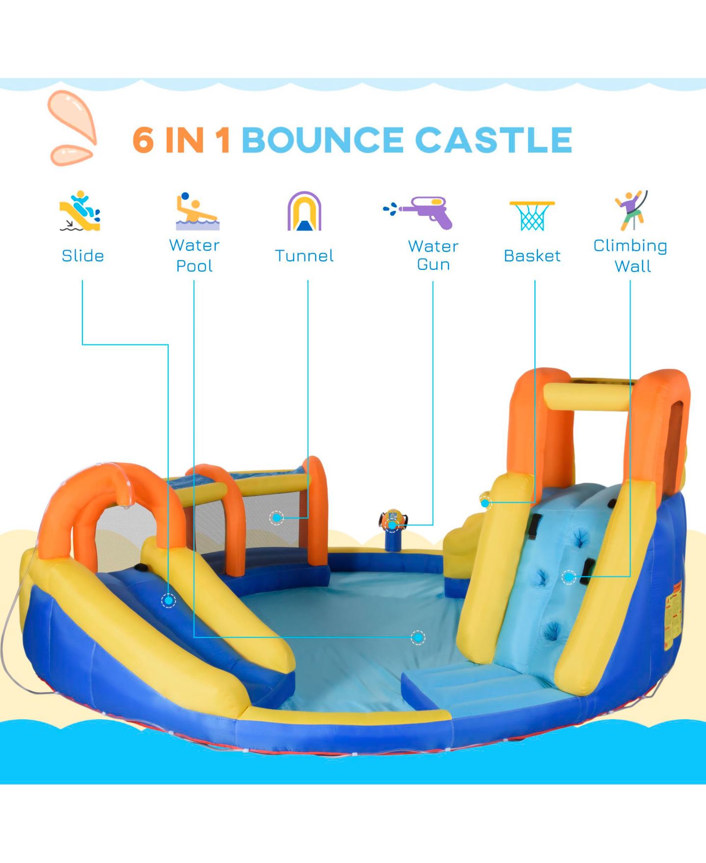 Детская игрушка Outsunny Inflatable Water Slide with Pool Gun Basket Climbing Wall with 750W Inflator — фото 4