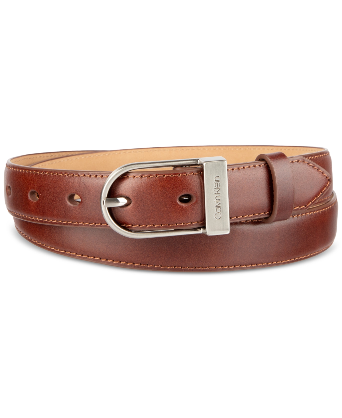 Calvin Klein Engraved Center Bar Buckle Dress Belt In Brown