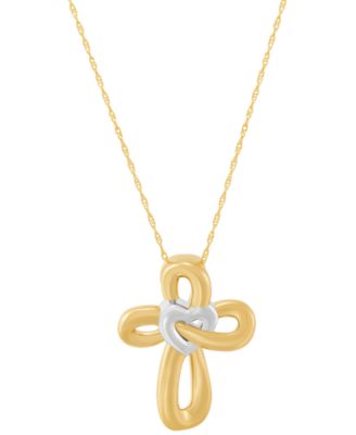 Two-Tone Polished Heart & Cross Curvy 18" Pendant Necklace in 14k Gold