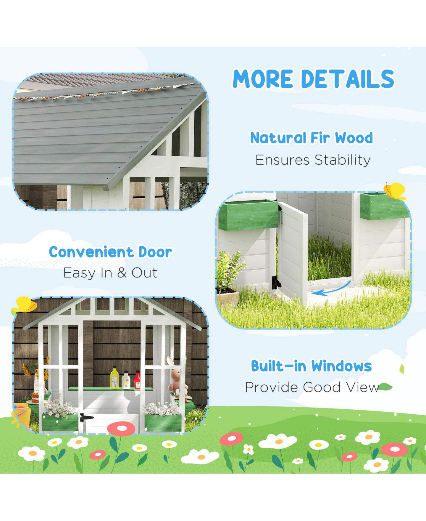 Детская игрушка Outsunny Outdoor Wood Playhouse with Tilt Roof, Ages 3+, цвет: Белый — фото 5