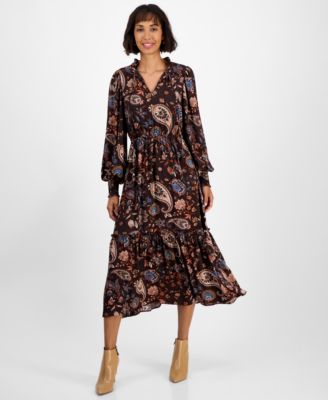 T Tahari - Women's Printed Split-Neck Long-Sleeve Midi Dress