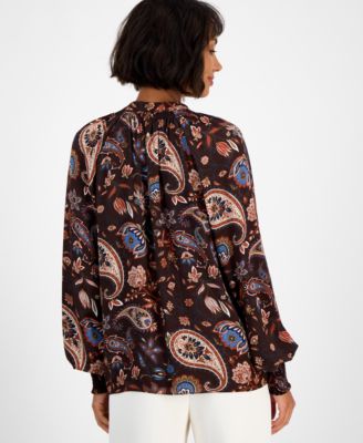 Women's Printed Split-Neck Long-Sleeve Blouse 