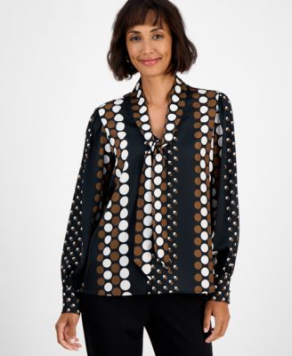 T Tahari - Women's Printed Tie-Neck Long-Sleeve Blouse