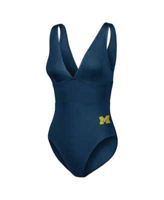 Women's Navy Michigan Wolverines Palm Modern V-Neck One-Piece Swimsuit