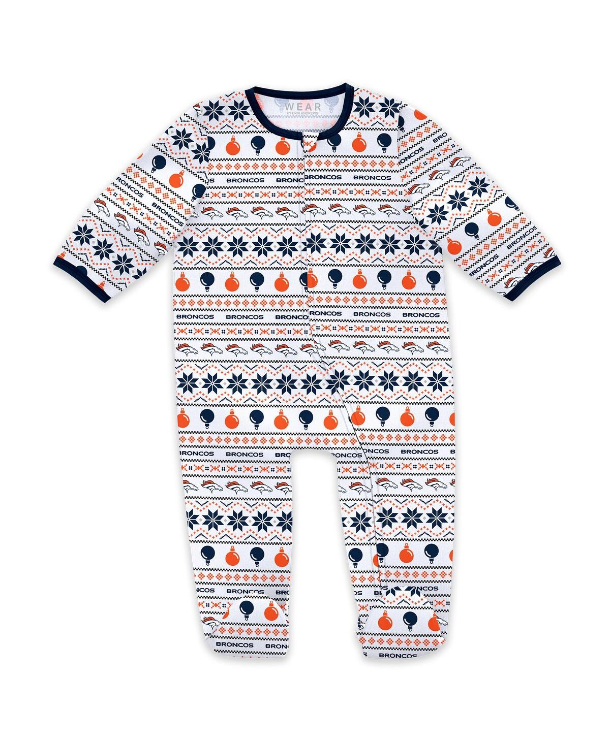 Wear By Erin Andrews Baby Boys And Girls Denver Broncos Allover Print Full-zip Sleeper With Bib Set In White