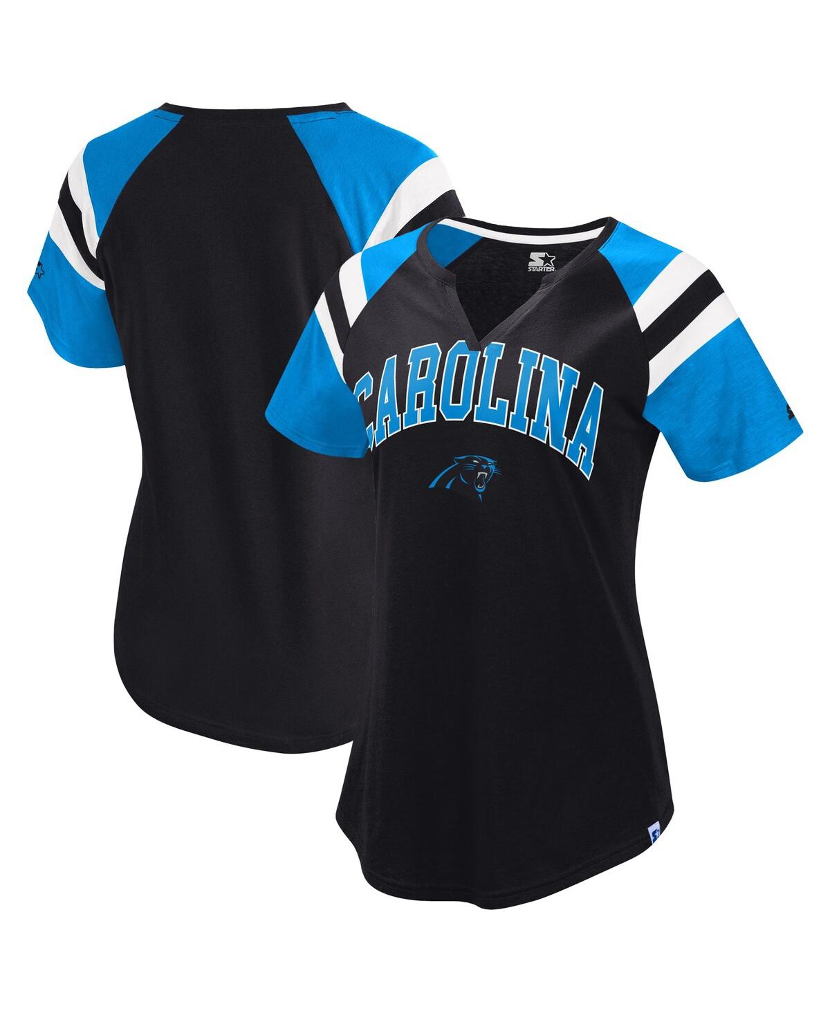 Starter Women's Black/light Blue Carolina Panthers Game On Notch Neck Raglan T-shirt In Multi