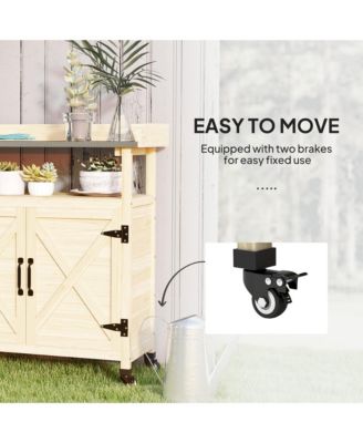 Outdoor Potting Bench with Storage, Wheels, Natural Wood