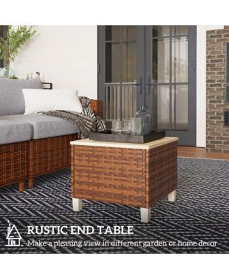 Outdoor Side Table with PE Rat, Patio End Table with Wood Top