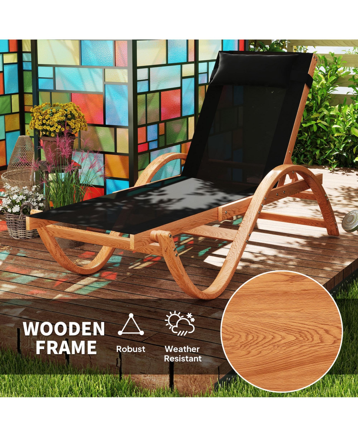 Outsunny Larch Wood Lounge Chair, 4-Level Adjustable ning