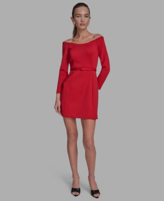 Women's Scuba Off-The-Shoulder Belted Dress 