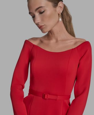 Women's Scuba Off-The-Shoulder Belted Dress 