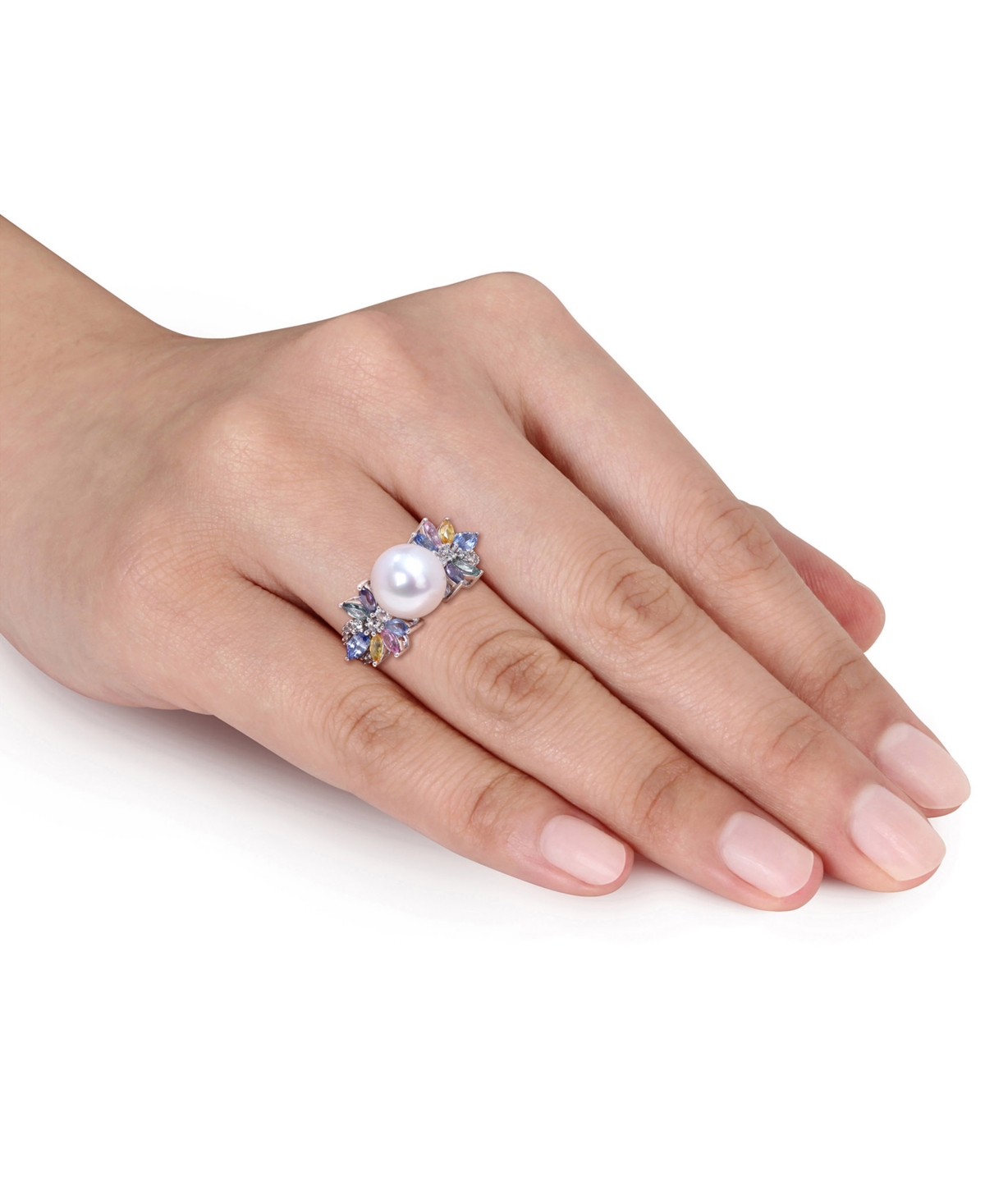 Macy's Cultured Freshwater Pearl (9mm), Multi-sapphire (1-5/8 Ct. T.w.) & Diamond (1/8 Ct. T.w.) Ring In 14 In Multi