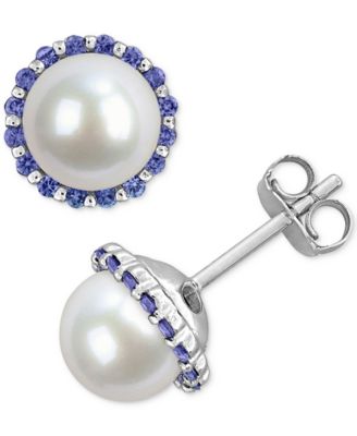 Macy's - Cultured Freshwater Pearl (7-7.5mm) & Sapphire (3/8 ct. t.w.) Stud Earrings in Sterling Silver