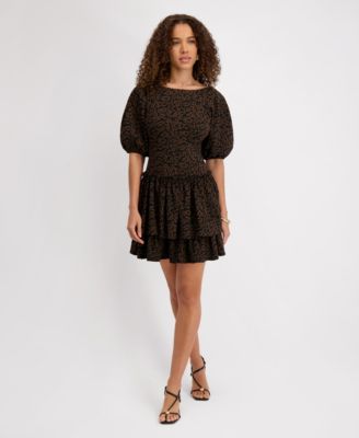 kensie - Women's Stretch-Jacquard Puff-Sleeve A-Line Dress
