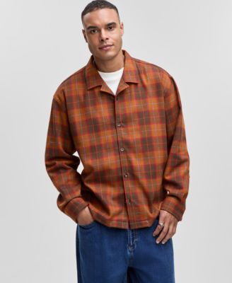 Mode of One - Men's Relaxed-Fit Camp-Collar Plaid Flannel Shirt