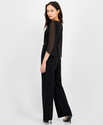 Petite Bell-Sleeve Tassel-Belt Wide-Leg Jumpsuit