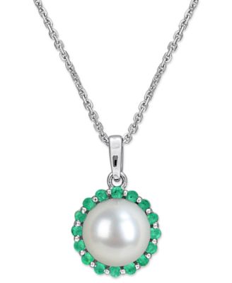 Macy's - Cultured Freshwater Pearl (8mm) & Emerald (1/3 ct. t.w.) 18" Pendant Necklace in Sterling Silver