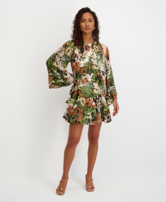 Women's Printed Ruffled Volume-Sleeve Tiered Dress