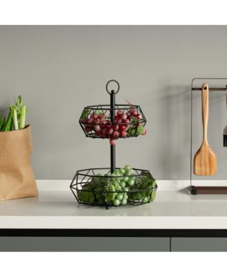 2 Tier Free Standing Countertop Fruit Basket for Kitchen | Detachable Carbon Steel Stable Fruit Storage Organizer for Breads, Snacks, and Vegetable, Black