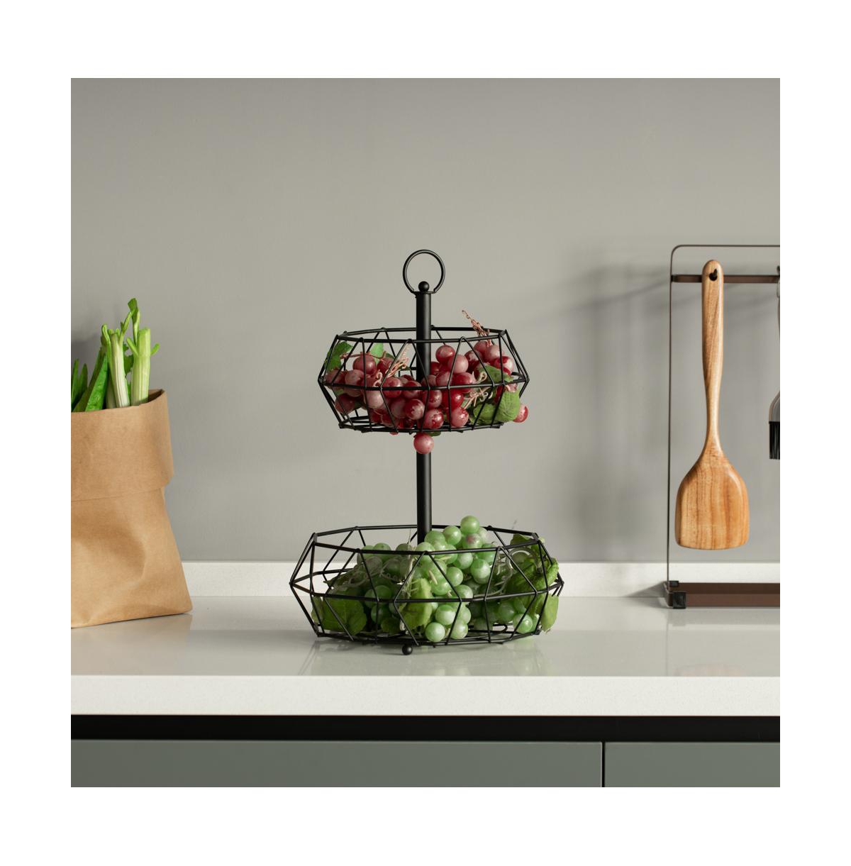 Basicwise 2 Tier Free Standing Countertop Fruit Basket for Kitchen | Detachable Carbon Steel Stable Fruit Storage Organizer for Breads, Snacks, and Ve