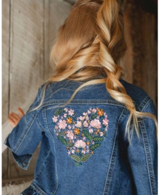 Girl Denim Jacket Blue with Ruffle Hem and Floral Embroidery - Toddler|Child