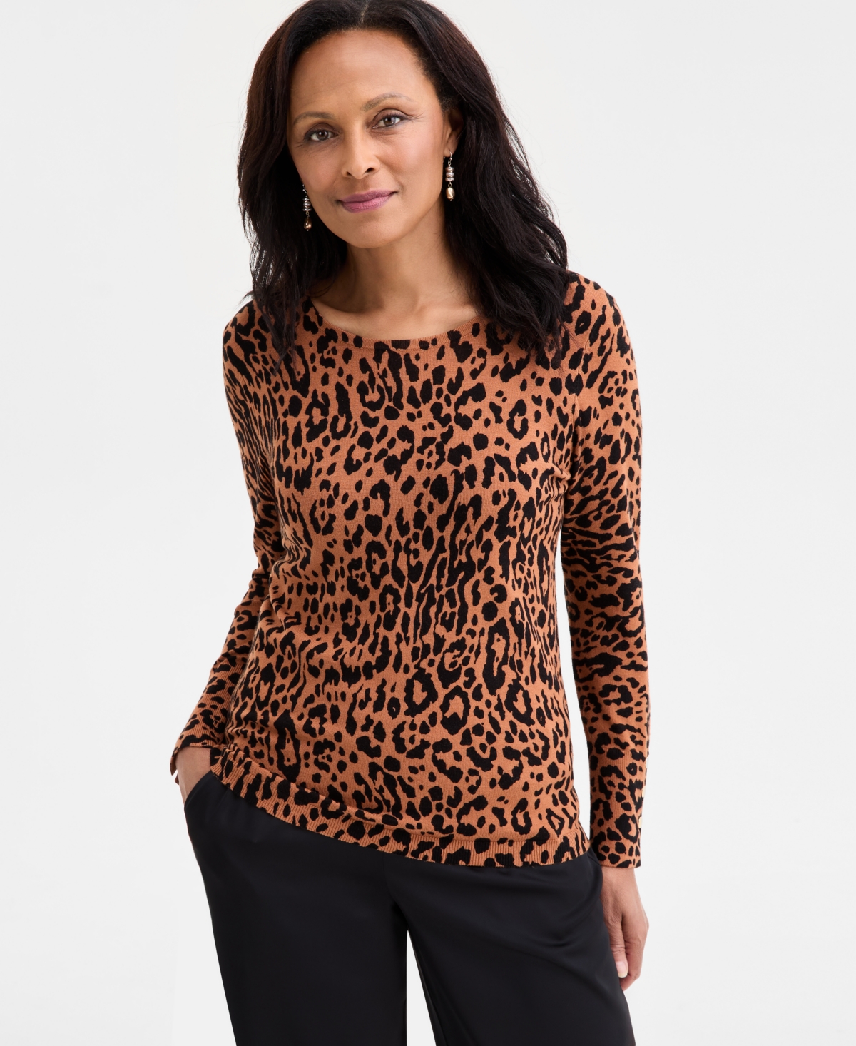 Jm Collection Women's Printed Crewneck Sweater, Macy's Exclusive In Animal Print