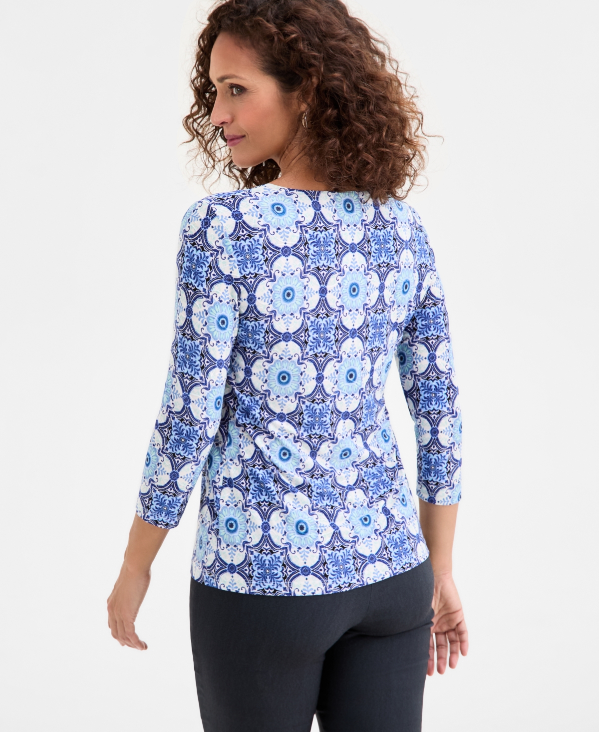 Jm Collection Women's Floral Print 3/4-Sleeve Scoop-Neck Jacquard Top