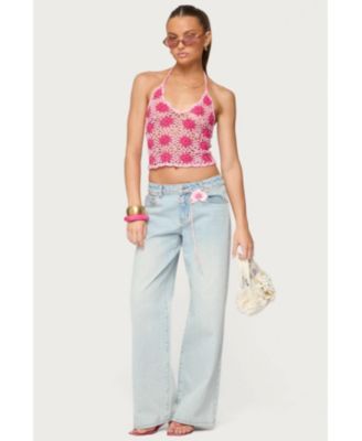 Womens Contrast Floral Crochet Halter Top