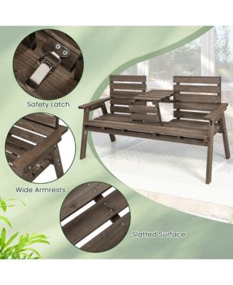 Outdoor Fir Wood Bench w/ Foldable Middle Table w/ Backrest & Armrests