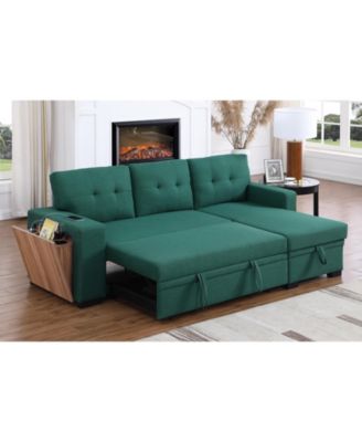 3-Piece Linen Sectional Sofa with Pull-Out Sleeper, Storage Chaise & Cup Holder,Green