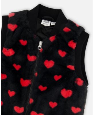 Toddler Girls Faux Fur Sleeveless Vest Black and Red with Hearts - Toddler|Child