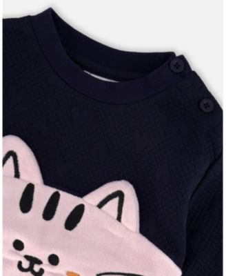 Girl Long Bi-Material Top Dark Blue with Cat - Toddler|Child