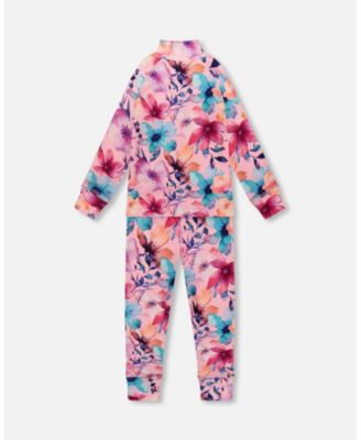 Girl Two-Piece Thermal Underwear Set Pink Watercolor Flower Print - Child