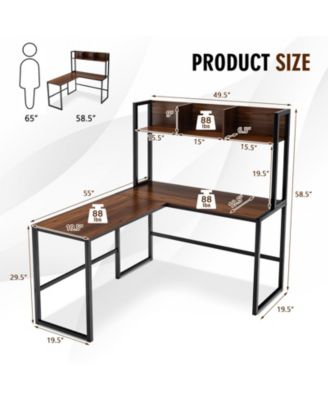 Industrial L-Shaped Desk Bookshelf 55 Inch Corner Computer Gaming Table