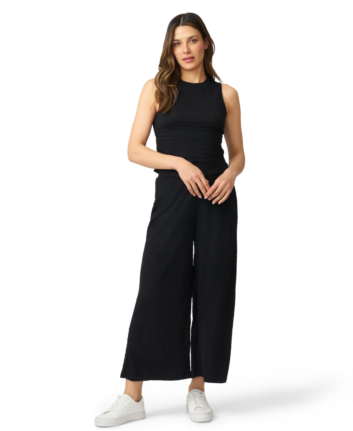 Sleeveless Top & Cropped Wide Leg Pant Matching Set - Jet black